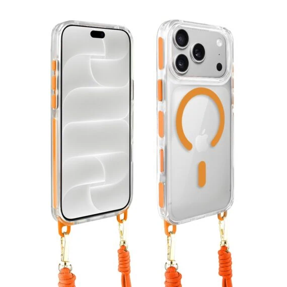etui do iphone 18 pro, magsafe, ze smyczą, na ramię, crossbody, pomarańczowe