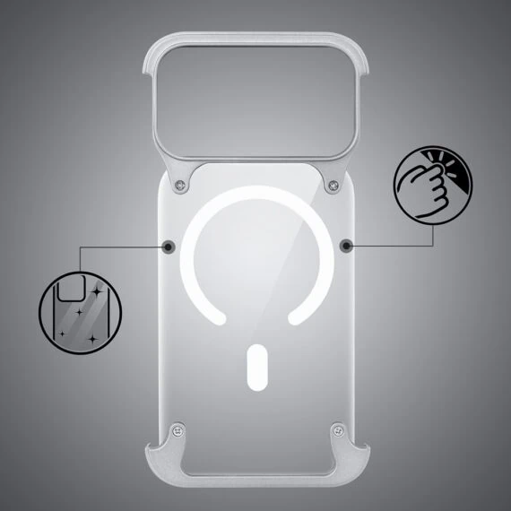 etui do iphone 18 pro max aero grip, akrylowy tył, odkryte boki, srebrne