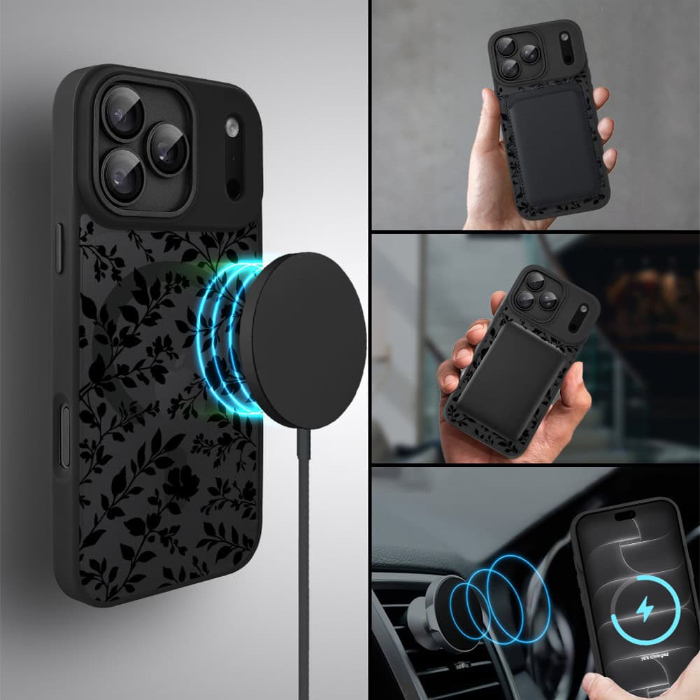 etui do iphone 18 pro max color flush z magsafe, z osłoną aparatu, cienisty ogród, czarne