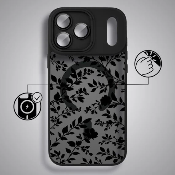 etui do iphone 18 pro max color flush z magsafe, z osłoną aparatu, cienisty ogród, czarne