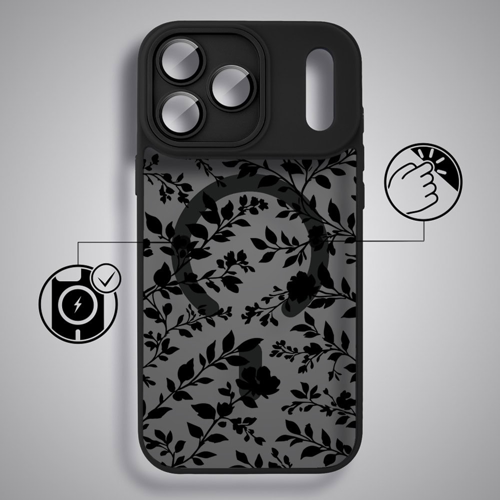 etui do iphone 18 pro max color flush z magsafe, z osłoną aparatu, cienisty ogród, czarne