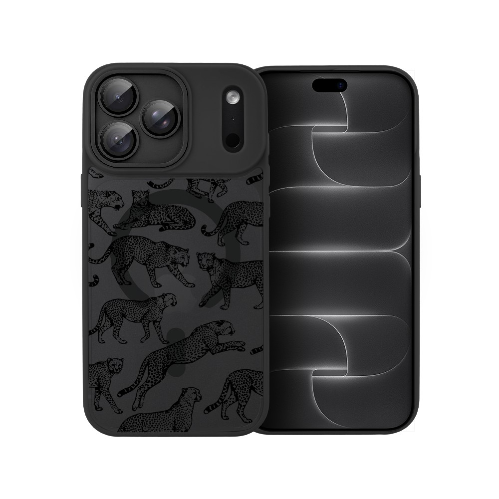 etui do iphone 18 pro max color flush z magsafe, z osłoną aparatu, wesołe gepardy, czarne