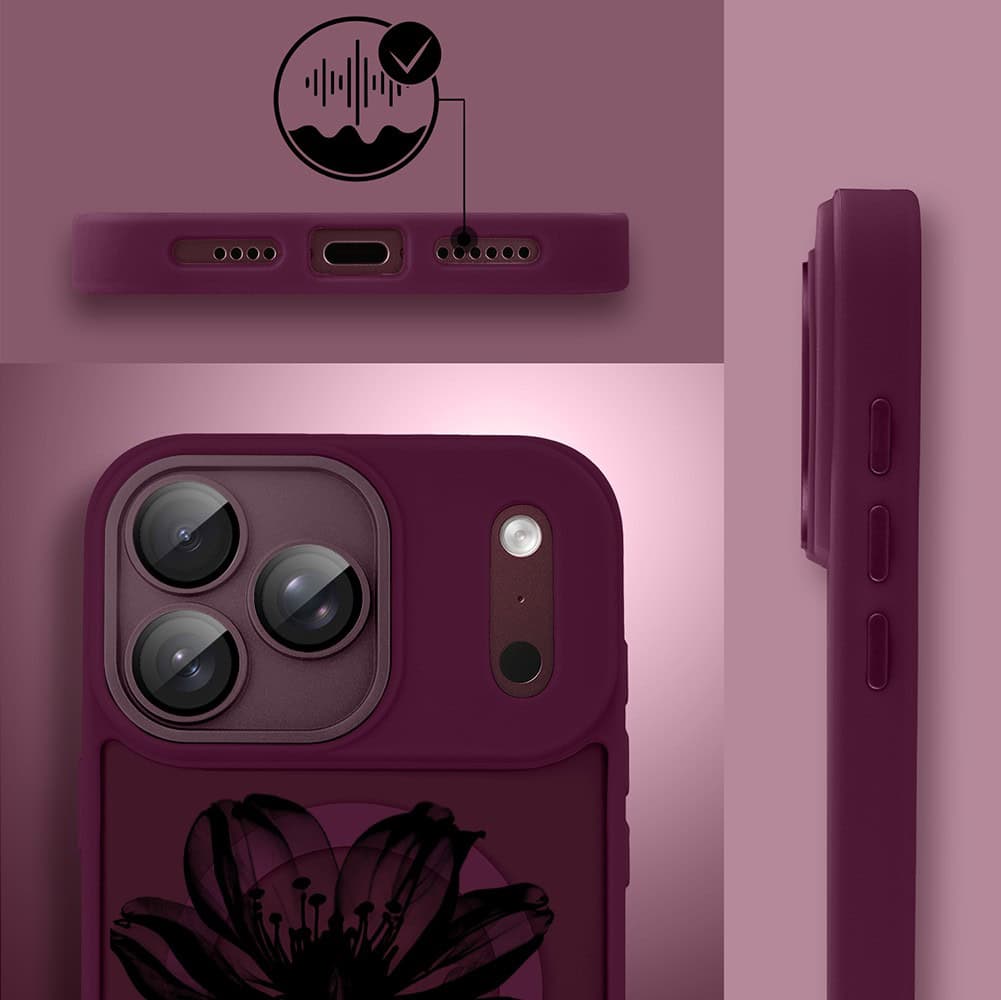 etui do iphone 18 pro max color flush z magsafe, z osłoną aparatu, czarny kwiat, burgundowe (kopia)