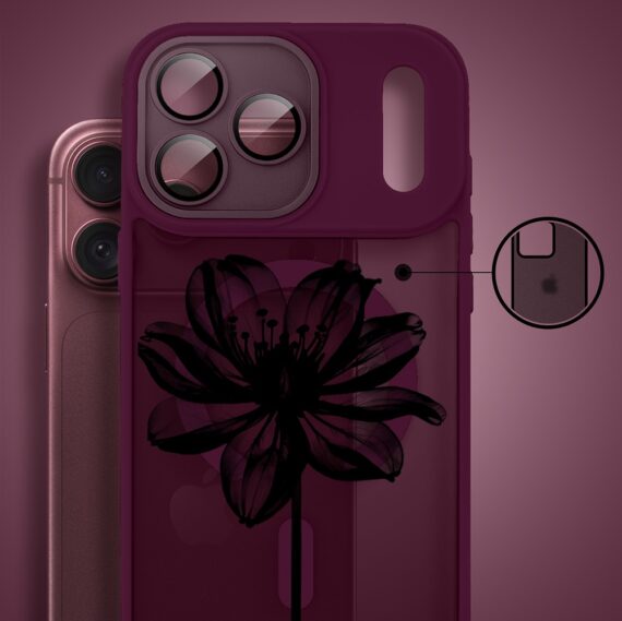 etui do iphone 18 pro max color flush z magsafe, z osłoną aparatu, czarny kwiat, burgundowe (kopia)