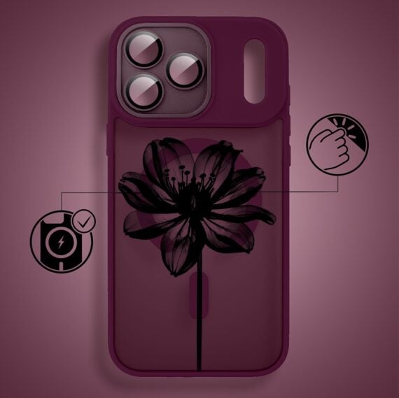etui do iphone 18 pro max color flush z magsafe, z osłoną aparatu, czarny kwiat, burgundowe