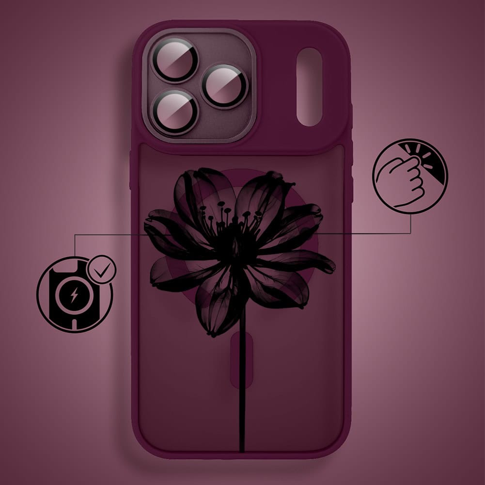 etui do iphone 18 pro max color flush z magsafe, z osłoną aparatu, czarny kwiat, burgundowe
