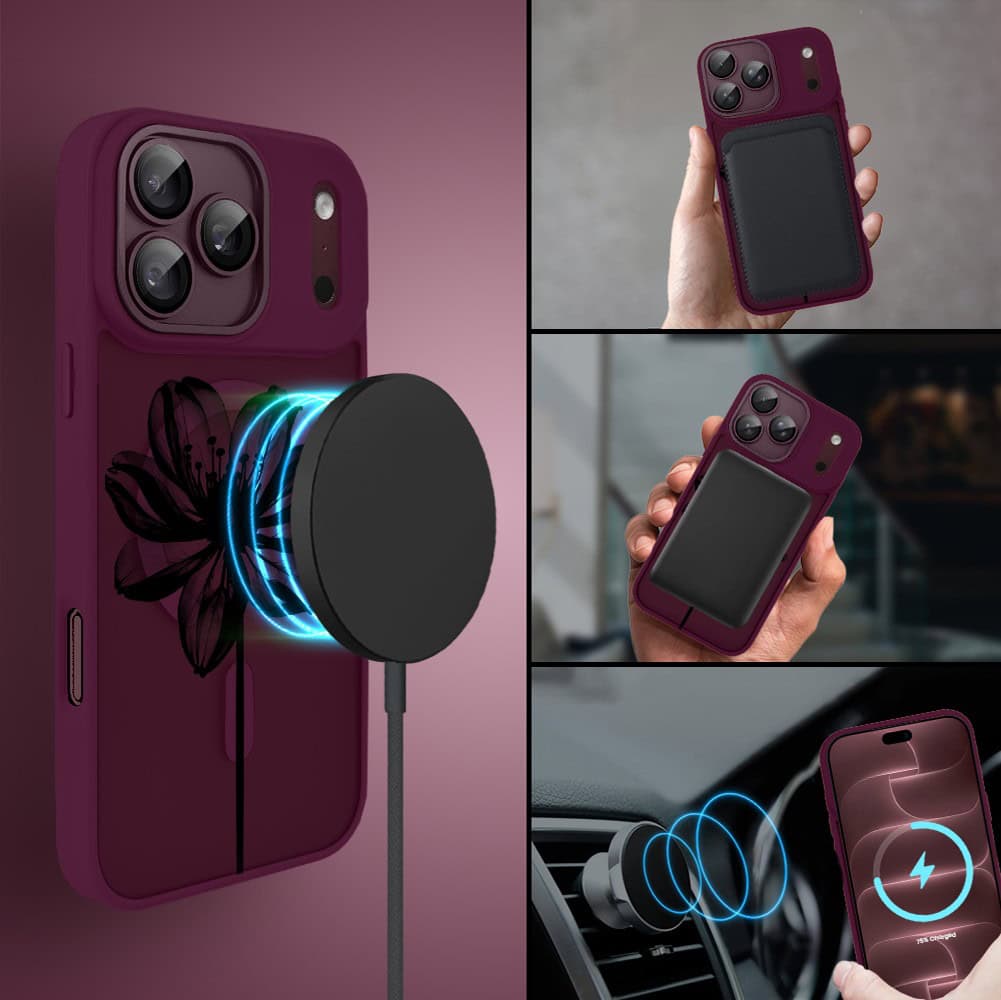 etui do iphone 18 pro max color flush z magsafe, z osłoną aparatu, czarny kwiat, burgundowe