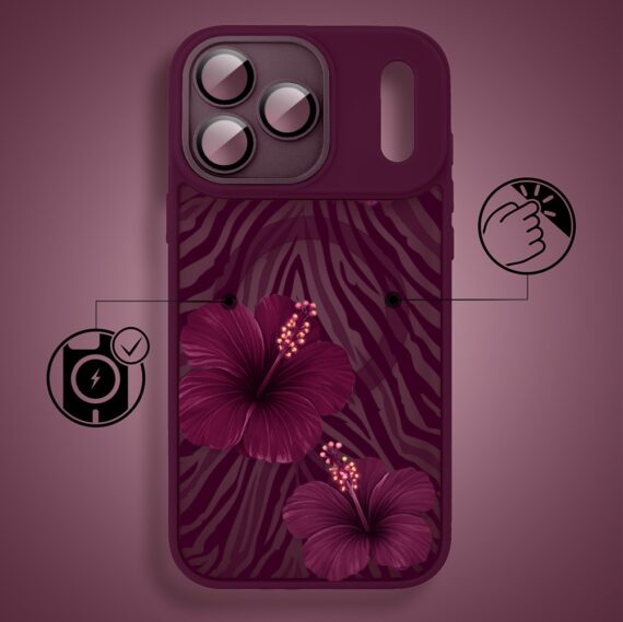 etui do iphone 18 pro max color flush z magsafe, z osłoną aparatu, egzotyczny hibiskus, burgundowe