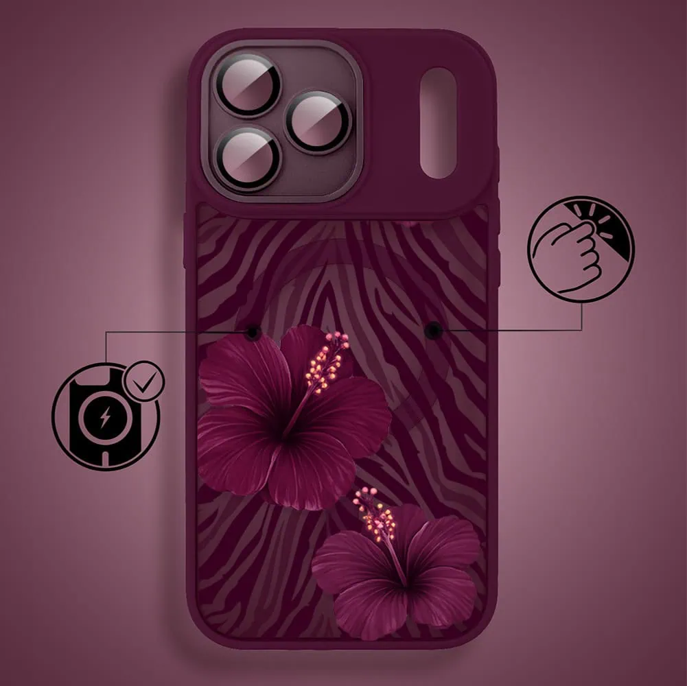 etui do iphone 18 pro max color flush z magsafe, z osłoną aparatu, egzotyczny hibiskus, burgundowe