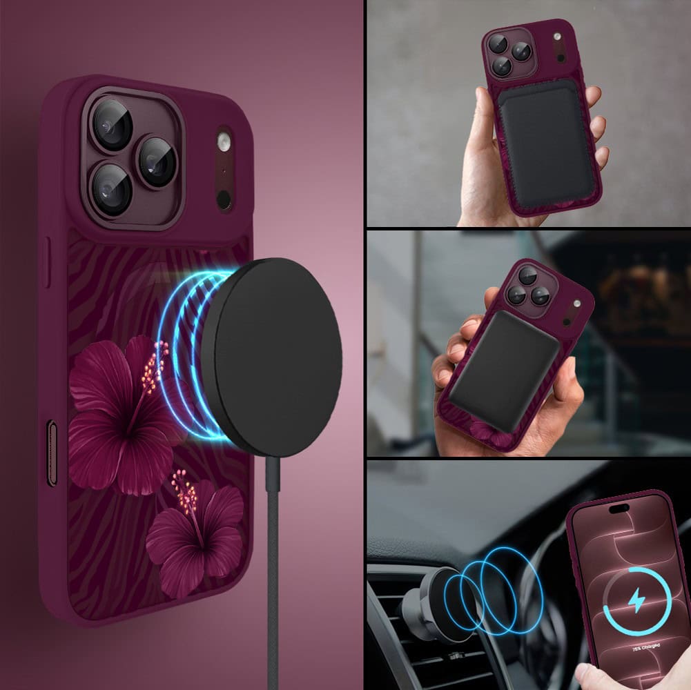 etui do iphone 18 pro max color flush z magsafe, z osłoną aparatu, egzotyczny hibiskus, burgundowe
