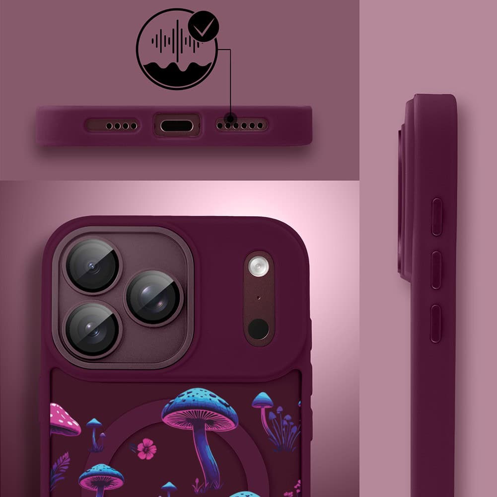 etui do iphone 18 pro max color flush z magsafe, z osłoną aparatu, magiczne grzybki, burgundowe