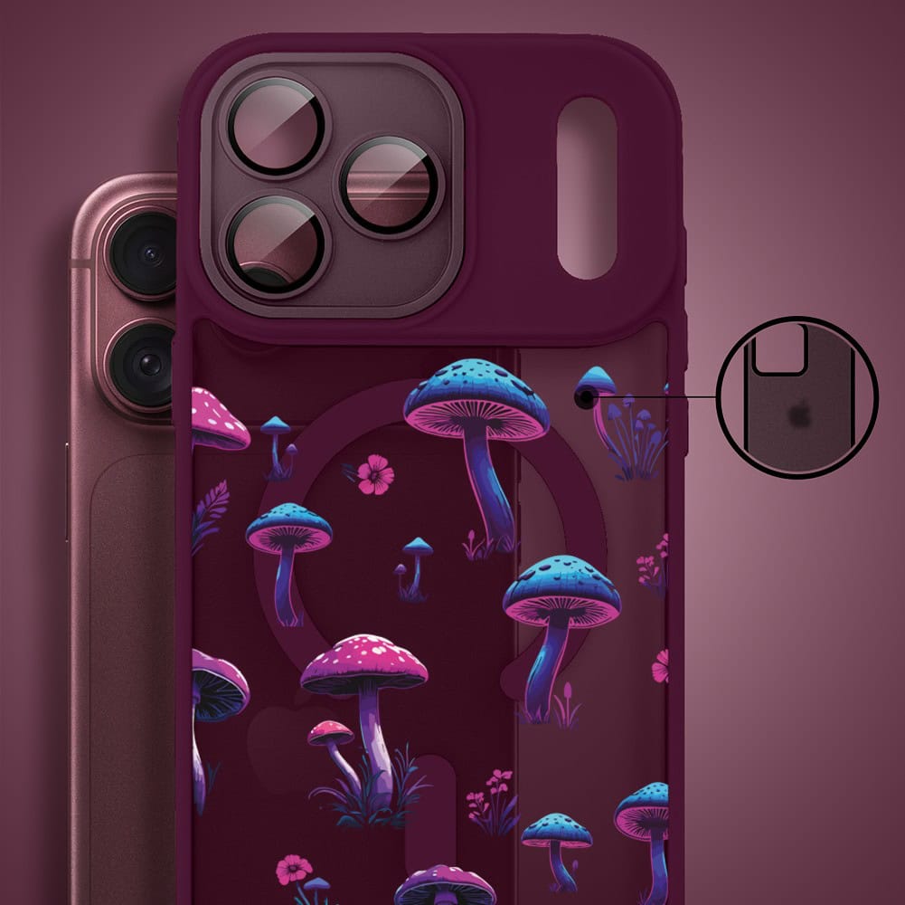 etui do iphone 18 pro max color flush z magsafe, z osłoną aparatu, magiczne grzybki, burgundowe