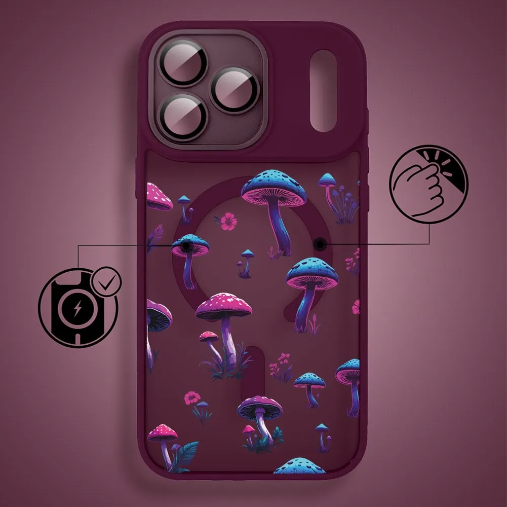 etui do iphone 18 pro max color flush z magsafe, z osłoną aparatu, magiczne grzybki, burgundowe