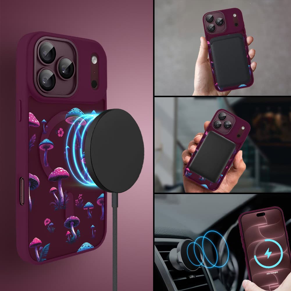 etui do iphone 18 pro max color flush z magsafe, z osłoną aparatu, magiczne grzybki, burgundowe