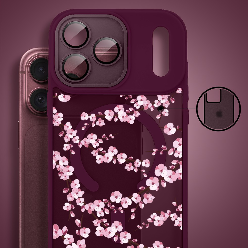 etui do iphone 18 pro max color flush z magsafe, z osłoną aparatu, sakura kwiat wiśni, burgundowe