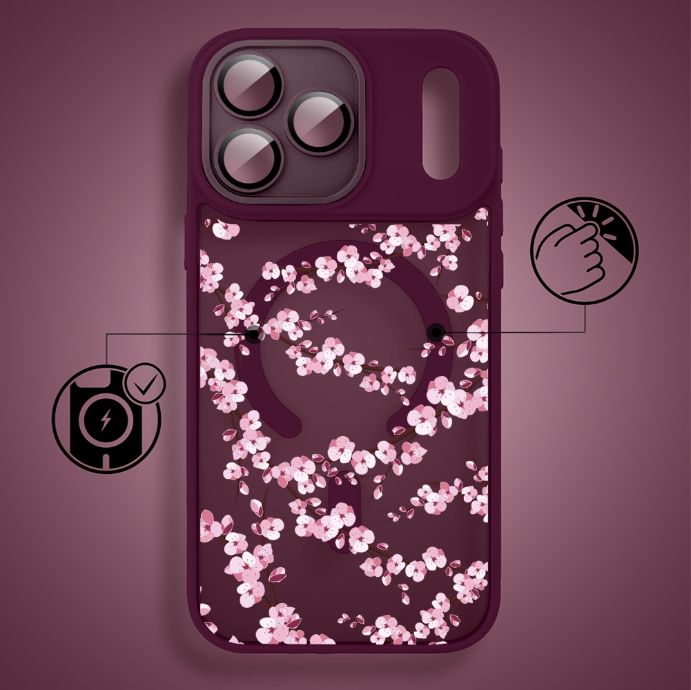 etui do iphone 18 pro max color flush z magsafe, z osłoną aparatu, sakura kwiat wiśni, burgundowe