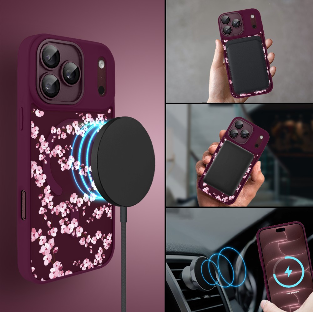etui do iphone 18 pro max color flush z magsafe, z osłoną aparatu, sakura kwiat wiśni, burgundowe