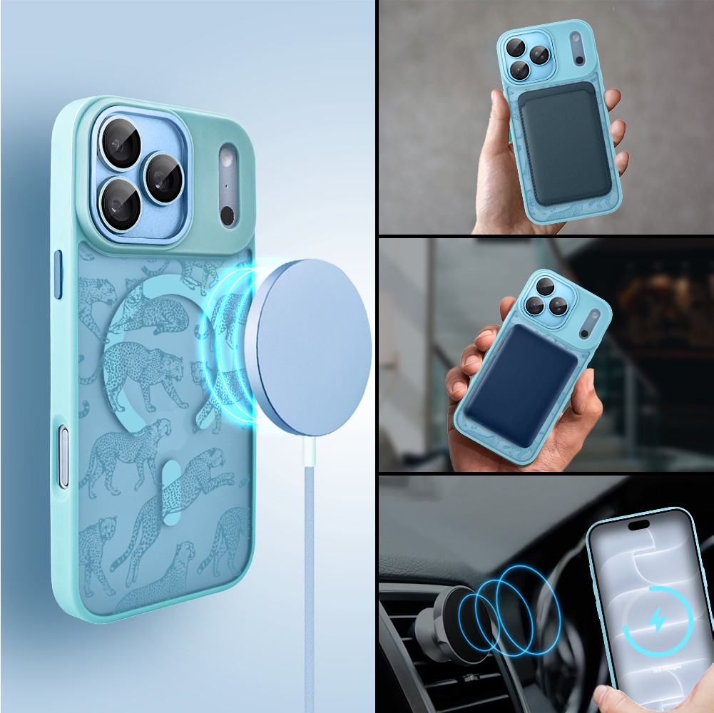 Etui do iPhone 18 Pro Max Color Flush z Magsafe, z osłoną aparatu, wesołe gepardy, błękitne (4) etui do iphone 18 pro max color flush z magsafe, z osłoną aparatu, wesołe gepardy, błękitne