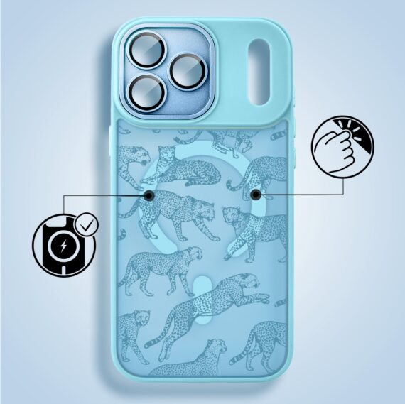 etui do iphone 18 pro max color flush z magsafe, z osłoną aparatu, wesołe gepardy, błękitne
