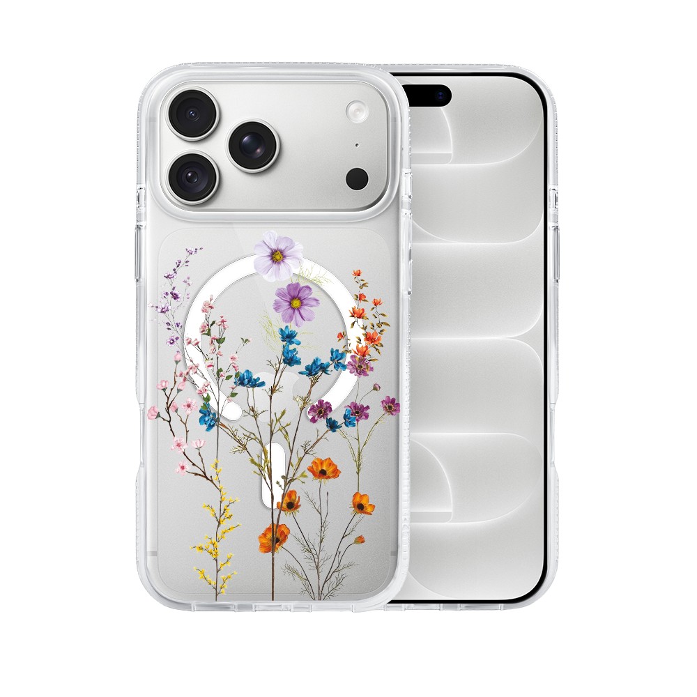 etui do iphone 18 pro max, flower magsafe, kwiaty różnokolorowe, przeźroczyste
