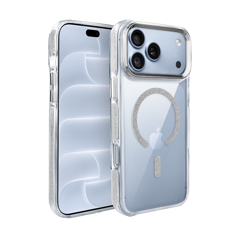 etui do iphone 18 pro max glitter shine, przeźroczyste, brokatowe z magsafe, srebrne