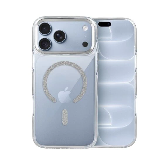etui do iphone 18 pro max glitter shine, przeźroczyste, brokatowe z magsafe, srebrne