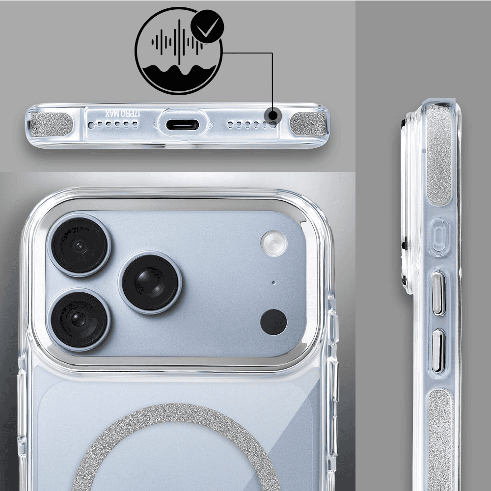 Etui do iPhone 18 Pro Max Glitter Shine, przeźroczyste, brokatowe z MagSafe, srebrne (7) etui do iphone 18 pro max glitter shine, przeźroczyste, brokatowe z magsafe, srebrne