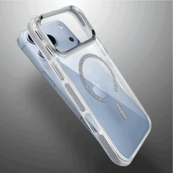 etui do iphone 18 pro max glitter shine, przeźroczyste, brokatowe z magsafe, srebrne