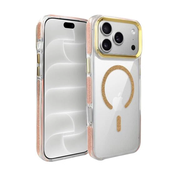 etui do iphone 18 pro max glitter shine, przeźroczyste, brokatowe z magsafe, złote