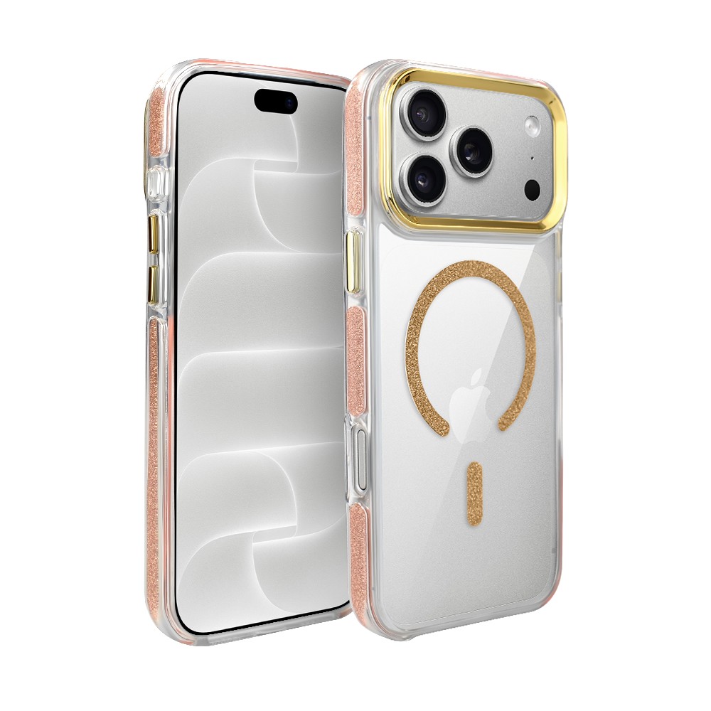 etui do iphone 18 pro max glitter shine, przeźroczyste, brokatowe z magsafe, złote