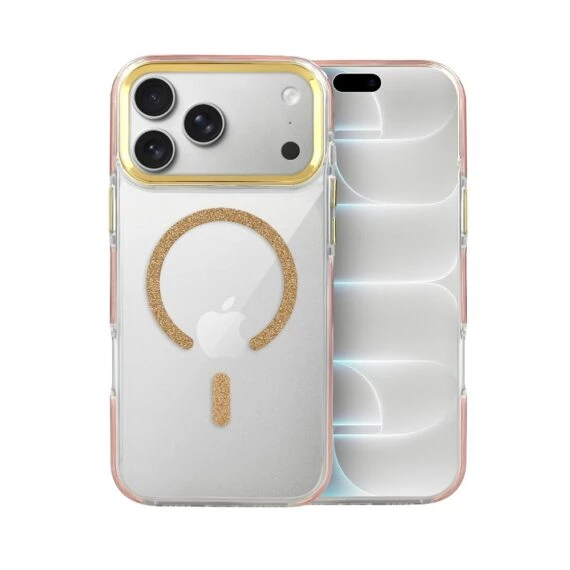 etui do iphone 18 pro max glitter shine, przeźroczyste, brokatowe z magsafe, złote