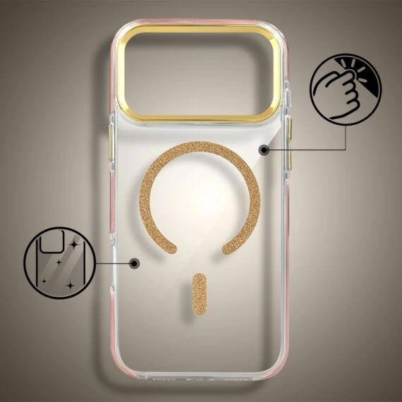 etui do iphone 18 pro max glitter shine, przeźroczyste, brokatowe z magsafe, złote