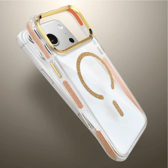 etui do iphone 18 pro max glitter shine, przeźroczyste, brokatowe z magsafe, złote