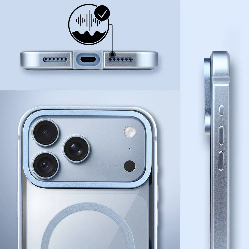 Etui do iPhone 18 Pro Max IBIZU Elite Skin z MagSafe, krystalicznie czyste z metalową ramką, błękit lodowca (2) etui do iphone 18 pro max ibizu elite skin z magsafe, krystalicznie czyste z metalową ramką, błękit lodowca