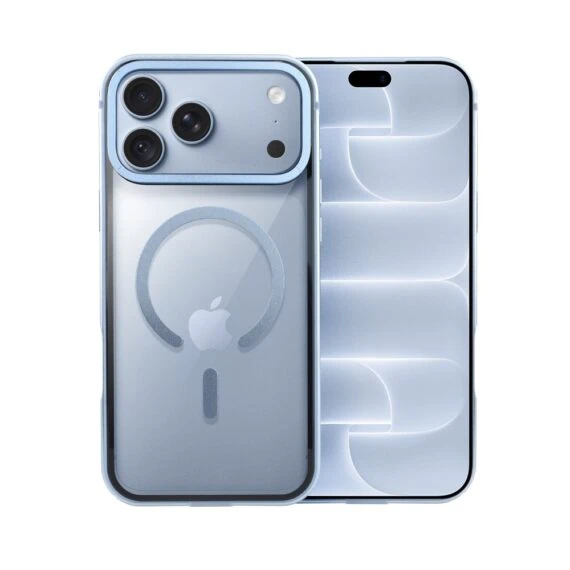 etui do iphone 18 pro max ibizu elite skin z magsafe, krystalicznie czyste z metalową ramką, błękit lodowca