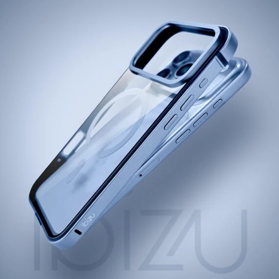 etui do iphone 18 pro max ibizu elite skin z magsafe, krystalicznie czyste z metalową ramką, błękit lodowca