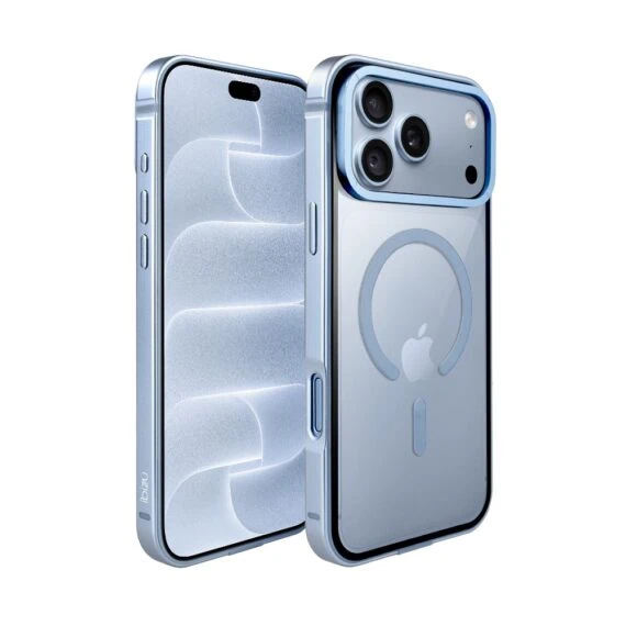 etui do iphone 18 pro max ibizu elite skin z magsafe, krystalicznie czyste z metalową ramką, błękit lodowca