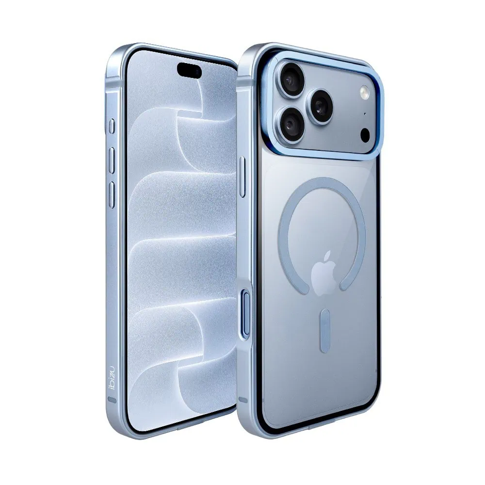Etui do iPhone 18 Pro Max IBIZU Elite Skin z MagSafe, krystalicznie czyste z metalową ramką, błękit lodowca (6) etui do iphone 18 pro max ibizu elite skin z magsafe, krystalicznie czyste z metalową ramką, błękit lodowca