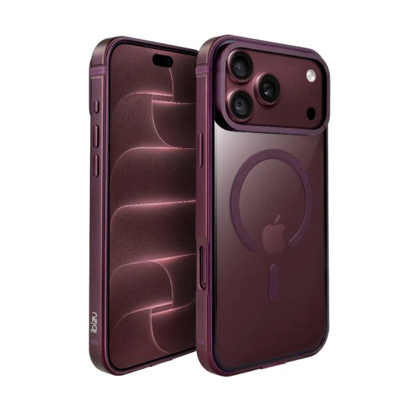 Etui do iPhone 18 Pro Max IBIZU Elite Skin z MagSafe, krystalicznie czyste z metalową ramką, burgundowe
