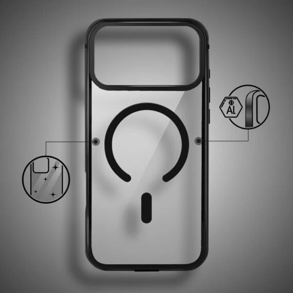 etui do iphone 18 pro max ibizu elite skin z magsafe, krystalicznie czyste z metalową ramką, czarne