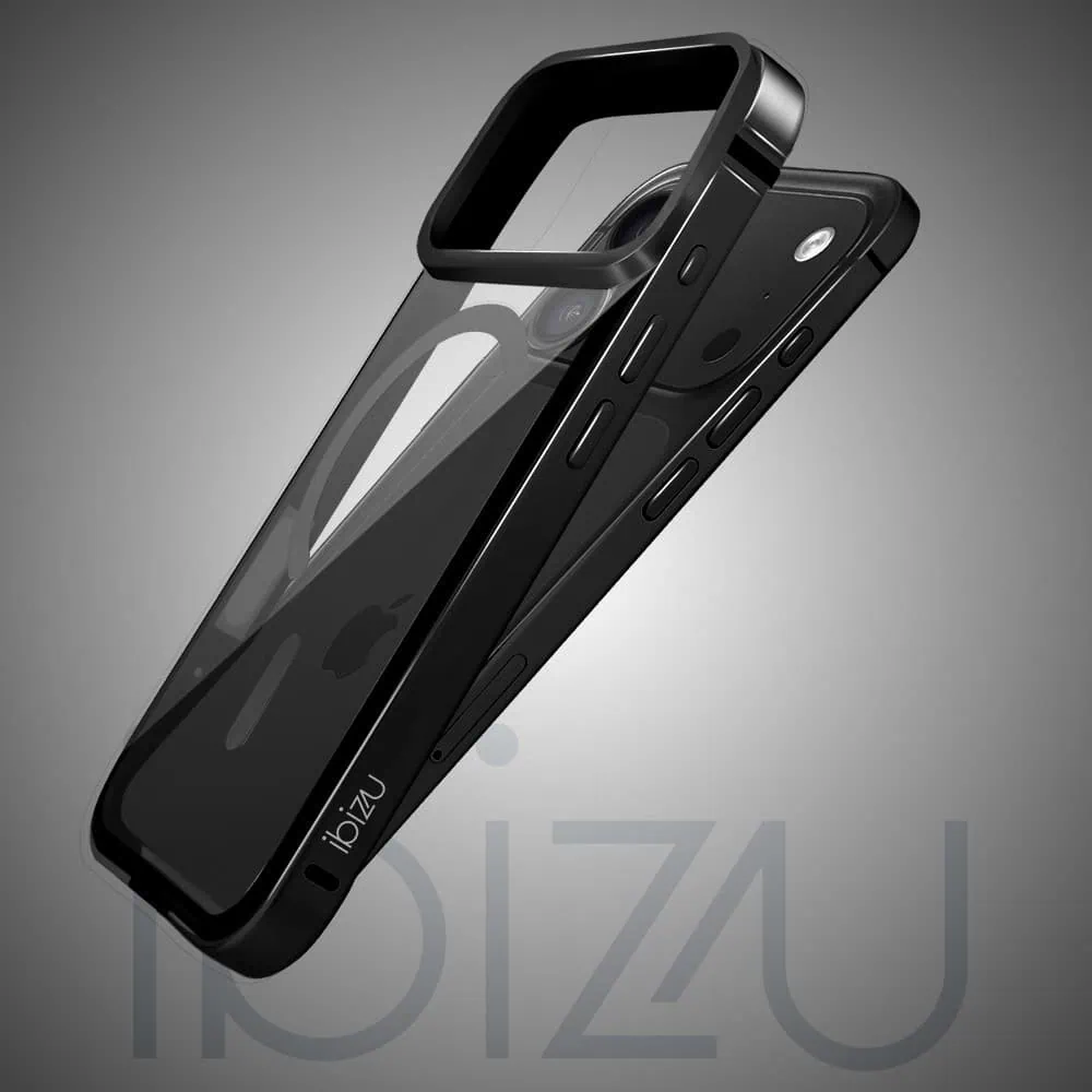 etui do iphone 18 pro max ibizu elite skin z magsafe, krystalicznie czyste z metalową ramką, czarne