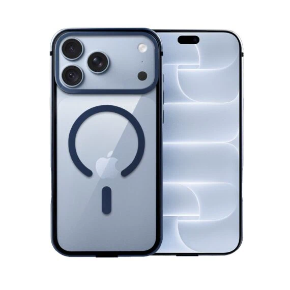 etui do iphone 18 pro max ibizu elite skin z magsafe, krystalicznie czyste z metalową ramką, granatowe