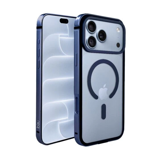 etui do iphone 18 pro max ibizu elite skin z magsafe, krystalicznie czyste z metalową ramką, granatowe