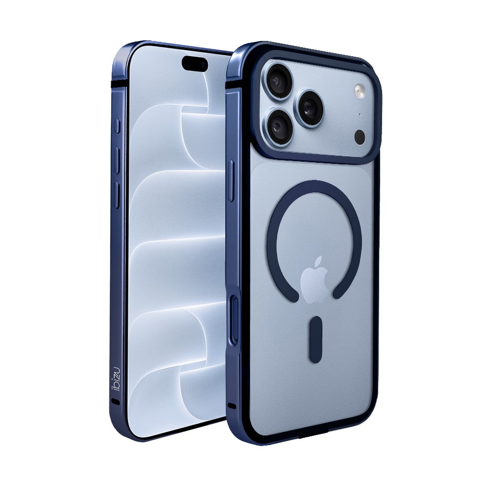 etui do iphone 18 pro max ibizu elite skin z magsafe, krystalicznie czyste z metalową ramką, granatowe