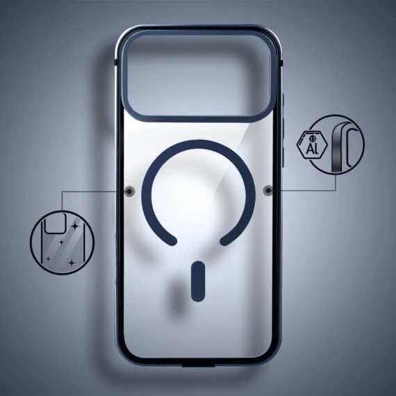 etui do iphone 18 pro max ibizu elite skin z magsafe, krystalicznie czyste z metalową ramką, granatowe