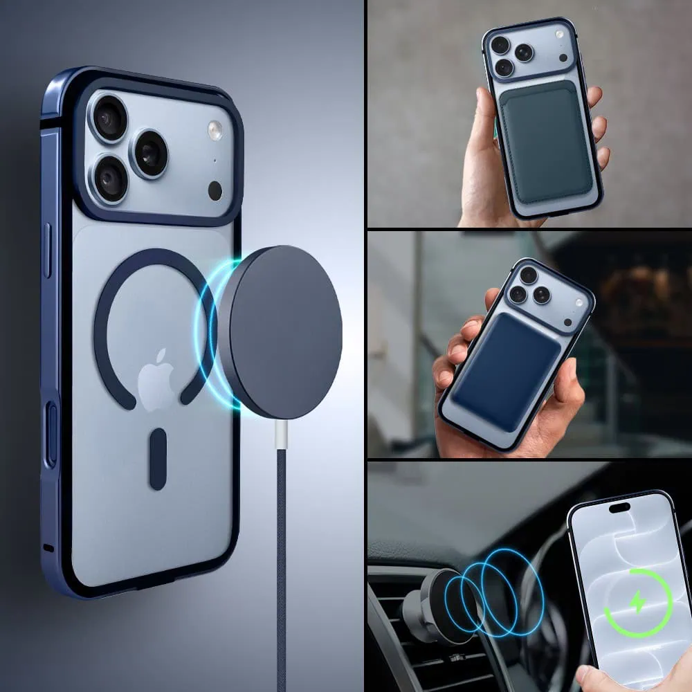 etui do iphone 18 pro max ibizu elite skin z magsafe, krystalicznie czyste z metalową ramką, granatowe