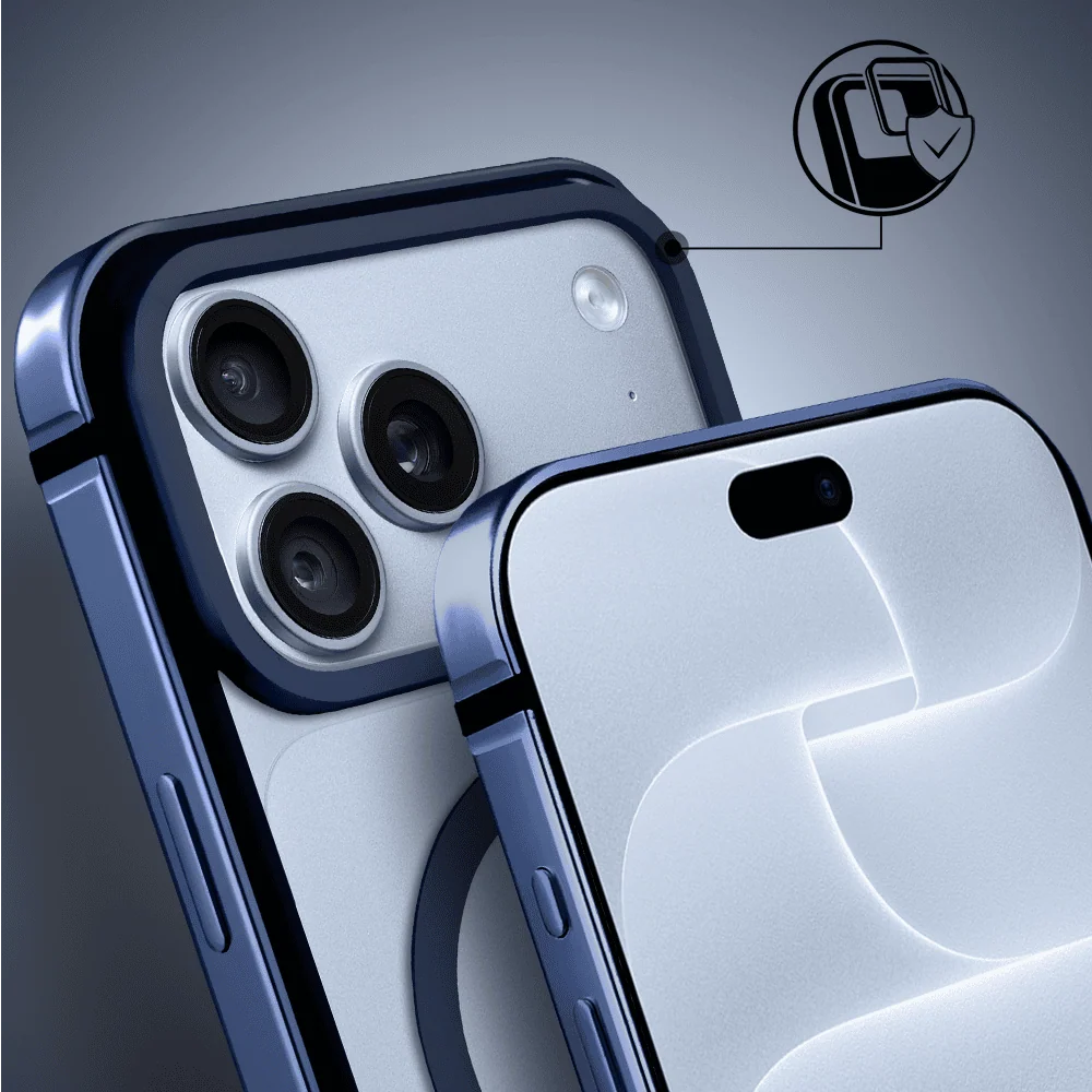 etui do iphone 18 pro max ibizu elite skin z magsafe, krystalicznie czyste z metalową ramką, granatowe