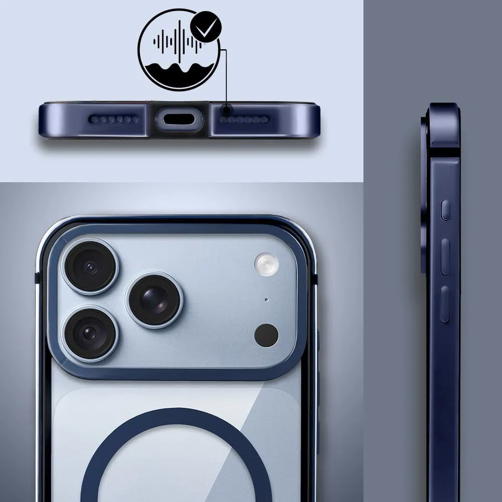 etui do iphone 18 pro max ibizu elite skin z magsafe, krystalicznie czyste z metalową ramką, granatowe