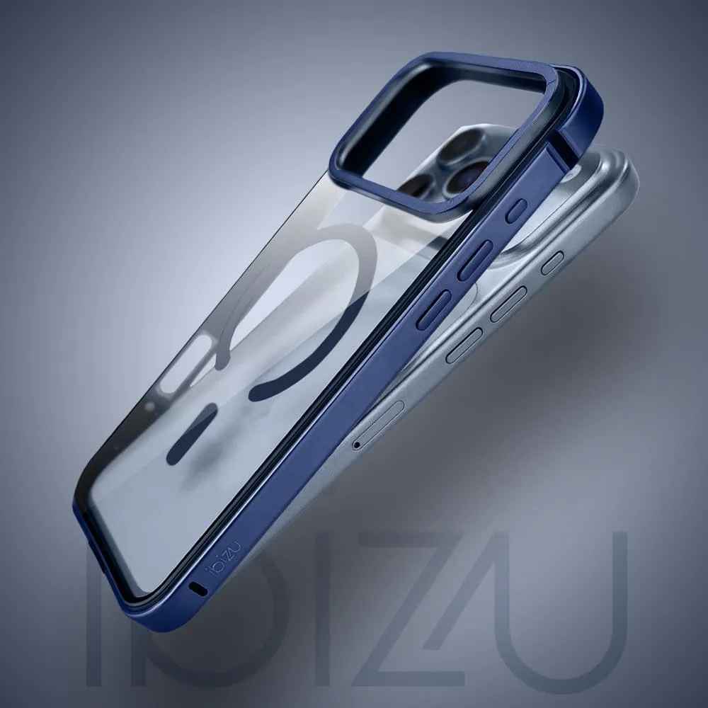 etui do iphone 18 pro max ibizu elite skin z magsafe, krystalicznie czyste z metalową ramką, granatowe