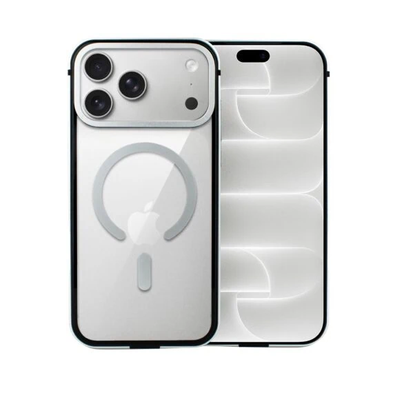 etui do iphone 18 pro max ibizu elite skin z magsafe, krystalicznie czyste z metalową ramką, srebrne
